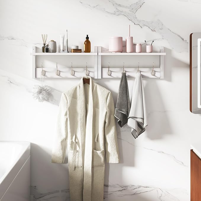 YMYNY Coat Rack Shelf Wall Mounted, Coat Hooks Set of 2, Entryway Coat Hanger with 4 Double Hooks, 31.5" Wall Floating Shelf with Hat Rack, for Kitchen, Bedroom, Bathroom, White UHWS001W-2