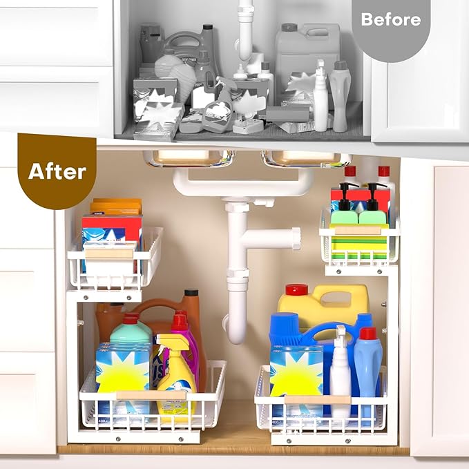 Under Sink Organizer, 2 Tier Pull Out Under-Sink Shelves, Adjustable Height (13.8" -16.9"), Sturdy Metal Storage Organizer for Bathroom Kitchen Pantry Cabinet (2 Packs, White)