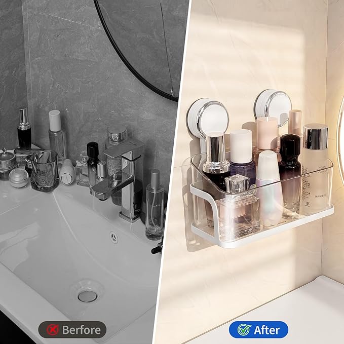 Shower Caddy Suction Cup, Removable Bathroom Organizer Shelf for Shower Storage, No Drilling Clear Square Shower Shelves, Large Capacity & Reusable, 1 pack