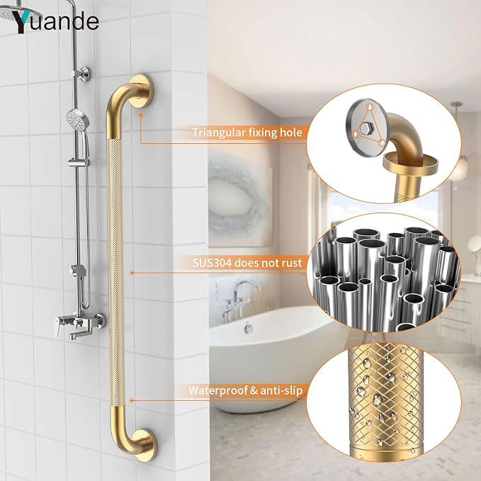32 Inch Brushed Gold Grab Bars for Shower with Anti-Slip Knurled Grip,YuanDe Stainless Steel Bathroom Grab Bars, Shower Handrail Support, Handicap Elderly Balance Assist Handles