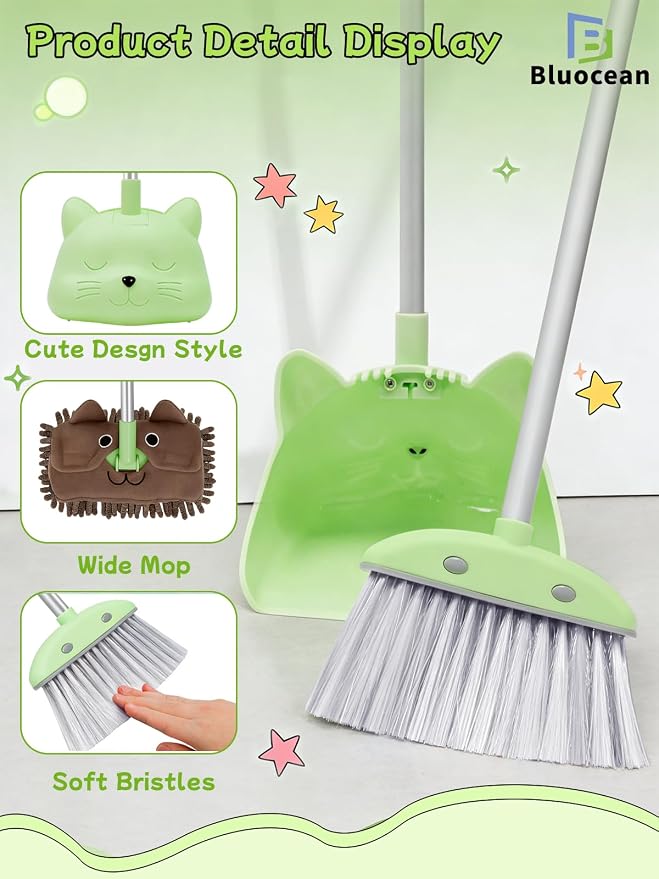 28'' Kids Mini Broom with Dustpan & Mop Set - Toddler Cleaning Toy, Toddler Household Helper, Parent-Child Interactive Play Cleaning Tool, Cute Cartoon Design, Small Safe Corner Broom (Green)