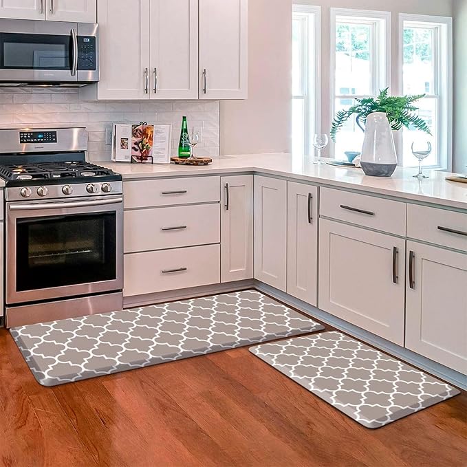 KMAT Kitchen Mat [2 PCS] 0.47inch Cushioned Anti-Fatigue Area Rug Sets, Waterproof Non-Skid Kitchen Mats and Rugs Heavy Duty PVC Ergonomic Comfort Standing Mat for Kitchen, Floor Office,Khaki