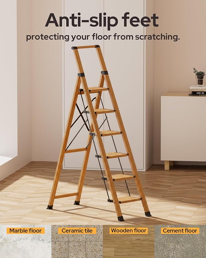 6 Step Ladder for 12ft High Ceiling, Lightweight Aluminum Folding Step Stool with Convenient Handgrip, Stepladders with Anti-Slip and Wide Pedal for Home and Kitchen Use - Woodgrain (300 lbs)