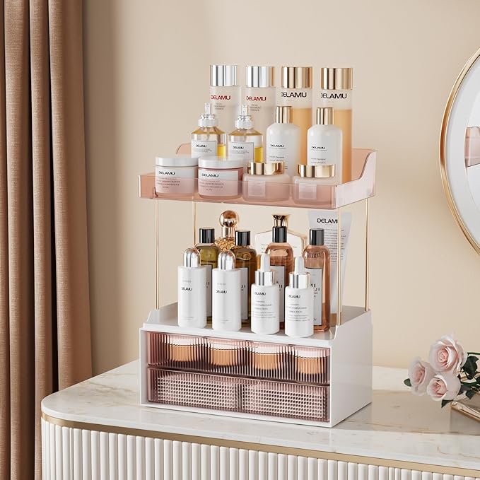 Delamu Bathroom Organizers and Storage, 2 Tier 2 Drawer Makeup Organizer Countertop, Easy to Install, Ideal for Bathroom Counter, Vanity, Ideal Gifts for Women Girls, Grapefruit