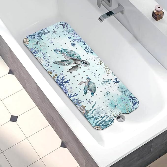 Bathtub Mat Non Slip, Turtle Extra Long Bath tub Mat Shower Floor Mat with Suction Cups and Drain Holes for Adults Kids Elderly 40 X 16 Inch