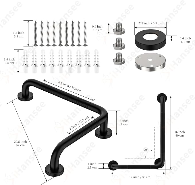 L-Shaped Angled Grab Bar 12x16 Inch Matte Black Anti-Slip Knurled Shower Handles Wall Mount, Stainless Steel Shower Bars for Seniors Injured Balance Support, Handicap Grab Bars for Bathtubs & Showers