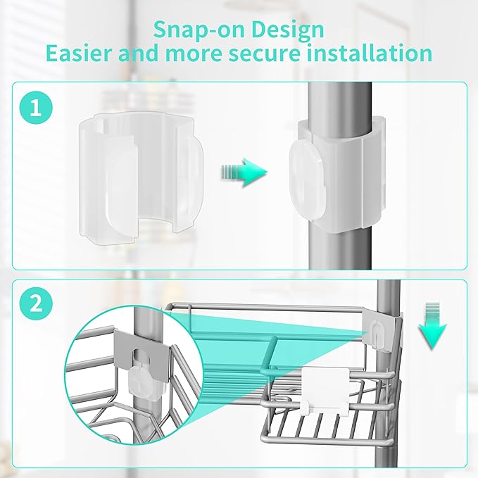 HapiRm Corner Shower Caddy Organizer - Shower Organizer Corner with Soap Holder, Toothbrush Holder and 4 Hooks, Rustproof Bathroom Shelf Tension Pole Available for 27.6 to 108.3 Inch - Silver