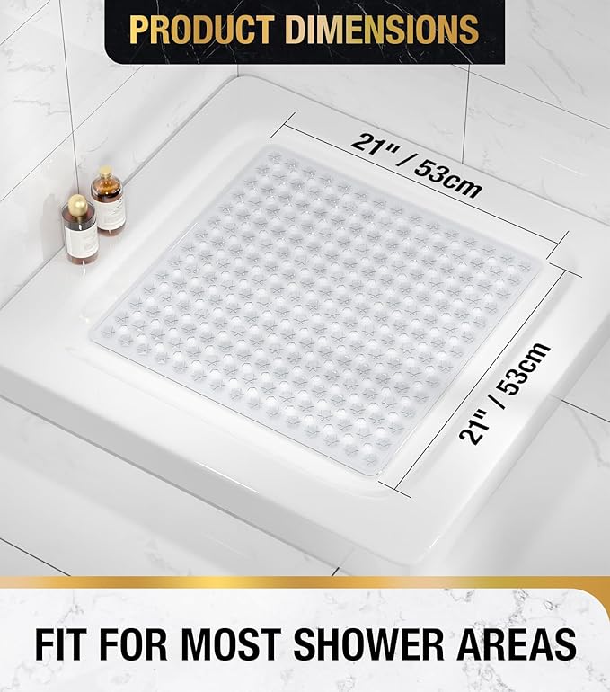 HITSLAM Shower Mat Anti Slip, Square Bath Mat for Tub Non Slip with Suction Cups and Drain Holes, 21x21 Inch Bathroom Shower Stall Floor Mat, Machine Washable, Soft on Feet, Clear
