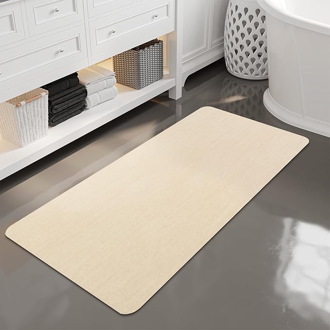 Mecko Bath Mat, Ultra Absorbent Quick Dry Bathroom Floor Mats-Rubber Non-Slip Thin Bathroom Rug Fit Under Door, Faux Suede Surface Shower Rug for Bathtub, Sink, Shower Room(Beige,24"x48")