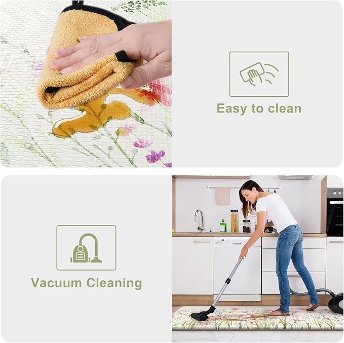 KIMODE Anti Fatigue Kitchen Mats for Floor, Farmhouse Floral Kitchen Rugs 20"x47"+20"x32", Non Slip Waterproof Kitchen Floor Mats, Comfort mats for Kitchen Floor, Sink, Laundry, Desk White