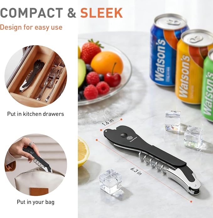 ikkle Topless Manual Soda Can Opener with Smooth Edge, 5-in-1 Multifunction Aluminum Pop-Top Can Lid Remover & Ring Pull Opener, Beer Bottle Opener, Wine Corkscrew & Foil Cutter