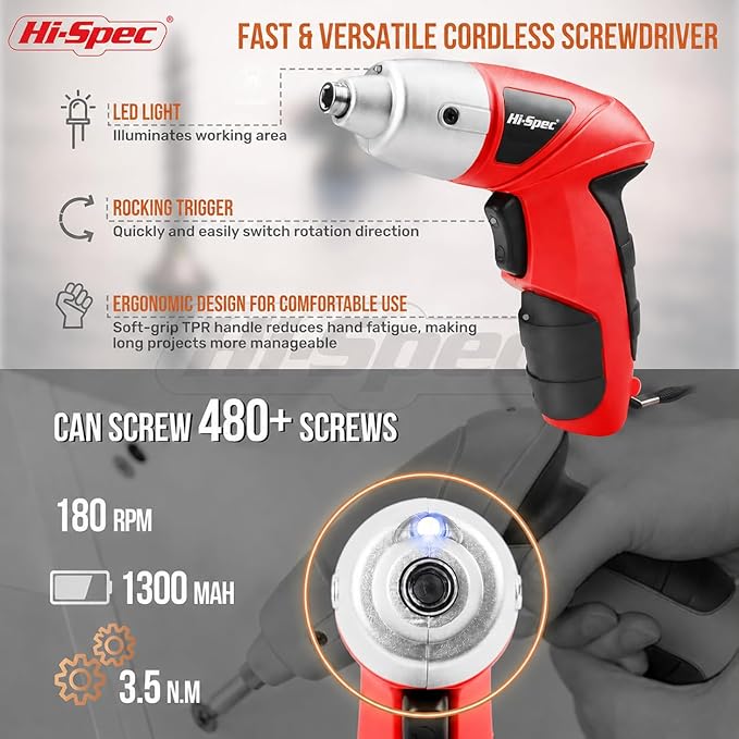 Hi-Spec 19pc 3.6V USB Small Power Screwdriver & Home DIY Tool Kit Set. Cordless & Rechargeable Electric Screwdriver and Compact Hand Tool Box Set,Red