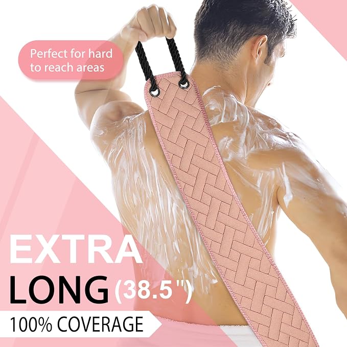 Exfoliating Back Scrubber with Upgraded Handles, 38.5 Inch Double-Sided Body Scrub Bath Exfoliator, Exfoliating Washcloth for Use in Shower, Back Washer to Deep Clean Your Skin for Men & Women (Pink)