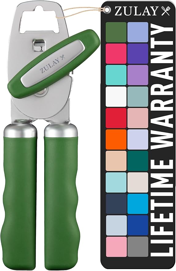 Zulay Kitchen Heavy Duty Stainless Steel Can Opener Manual with Bottle Opener - Rust Proof Manual Can Opener With Turn Knob & Comfy Soft Grip Handles - Artichoke Green