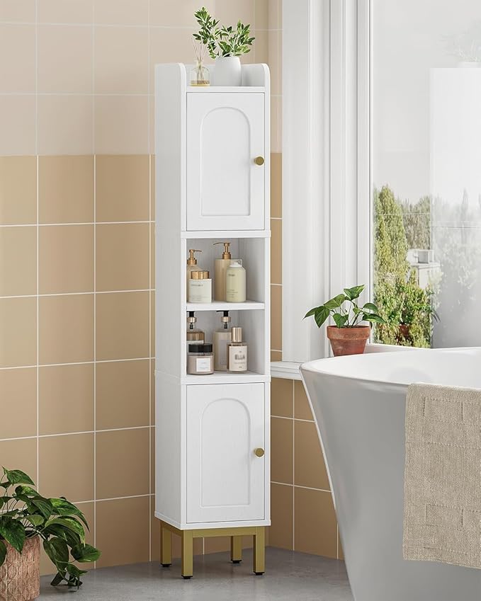 Hzuaneri Slim Bathroom Storage Cabinet, Narrow Bathroom Organizers and Storage with 4 Adjustable Feet, Laundry Room Organization for Small Space, Kitchen, Living Room, 2 Doors White BC22413G