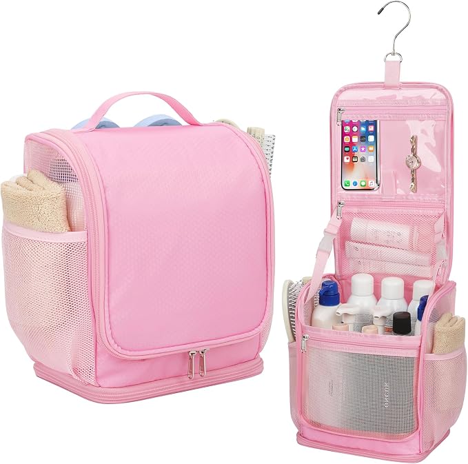 Mesh Shower Caddy Portable, Toiletry Bags for Travel, Hanging Shower Organizer Tote Bag for College Dorm Students Girls Boys, Dry and Wet Separation with Metal Hook - Pink