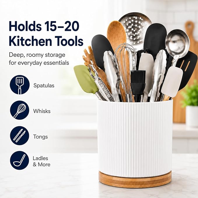 QUELIEN Utensil Holder, 360° Rotating Ceramic Kitchen Utensil Holder for Countertop, 7.7" Utensil Crock for Kitchen Counter with Rotatable Wooden Base,Ideal Housewarming Gift & Mothers Day Gift