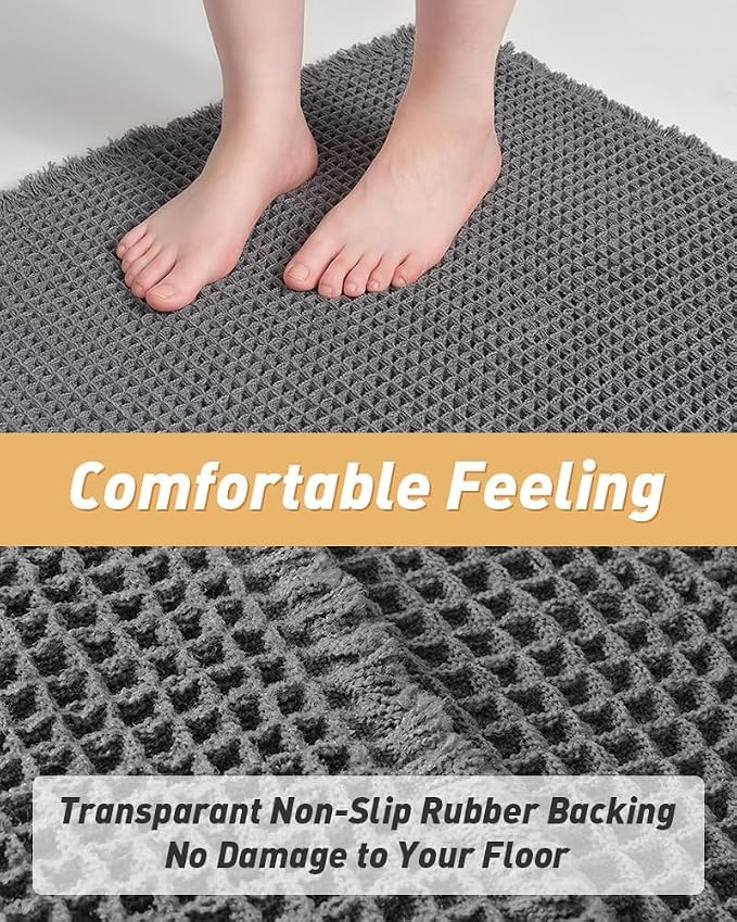 Upgraded Waffle Runner Rug, Super Absorbent Non Slip Bath Mats for Bathroom Floor, Washable Bathroom Runner Rug with Tassels, Ideal for Hallway Bedroom Laundry Room, Dark Grey, 2'x 4'(24" x 48")