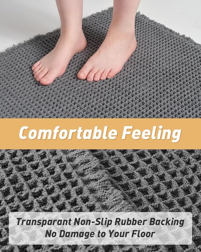 AMOAMI Upgraded Waffle Bath Mat, Super Absorbent Non Slip Bath Mats for Bathroom Floor, Washable Bathroom Rugs with Tassels, Rubber Backed Bathroom Mats, Ultra Soft, 24" x 36", Dark Grey