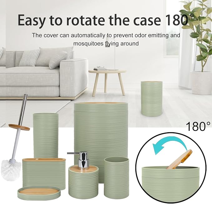 CERBIOR Bathroom Accessories Set 6 Piece Bamboo Bath Ensemble Includes Soap Dispenser, Toothbrush Holder, Toothbrush Cup, Soap Dish for Decorative Countertop and Housewarming Gift, Sriral Green
