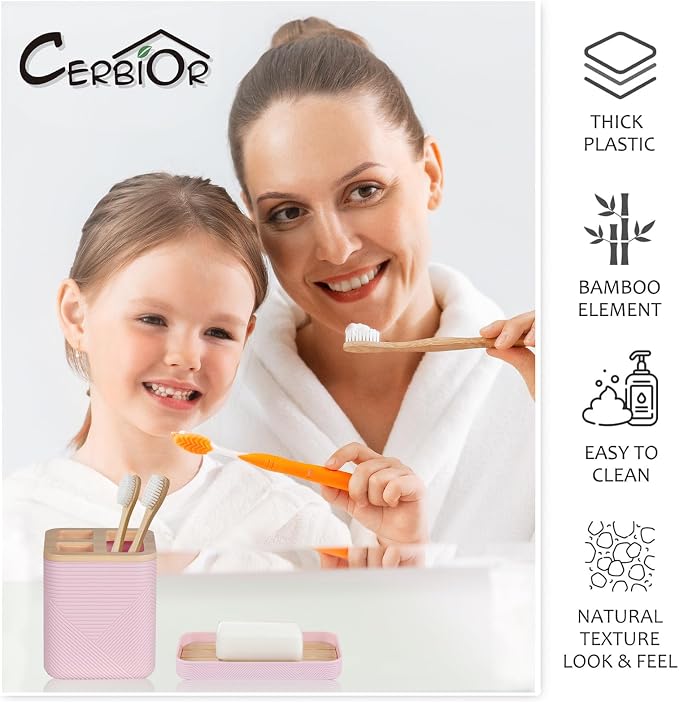 CERBIOR Bathroom Accessories Set 6 Piece Bamboo Bath Ensemble Includes Soap Dispenser, Toothbrush Holder, Toothbrush Cup, Soap Dish for Decorative Countertop and Housewarming Gift (Pink)
