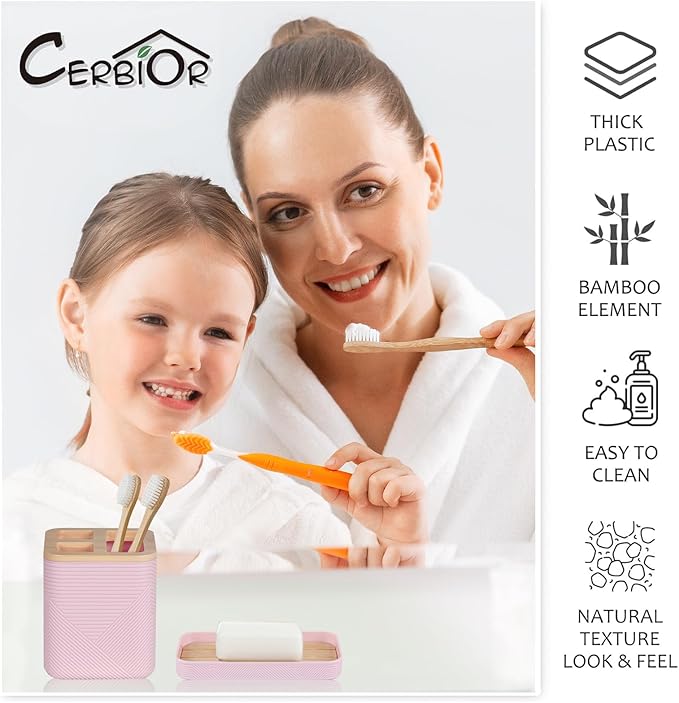 CERBIOR Bathroom Accessory Set with Shower Curtain, Includes Shower Curtain,Soap Dispenser, Toothbrush Holder, Toothbrush Cup, Soap Dish for Decorative Countertop and Housewarming Gift,Pink,20PC