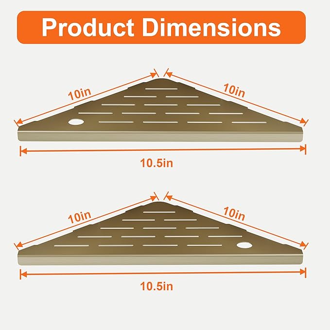 2 Pack Gold Corner Shower Shelves, 304 Stainless Steel Corner Wall Mounted Bathroom Organizer Caddy with Razor Slot, 10’’ Rust-Proof Floating Shelf for Shower Storage (Fits 90° Tile Walls,Holds 15lbs)