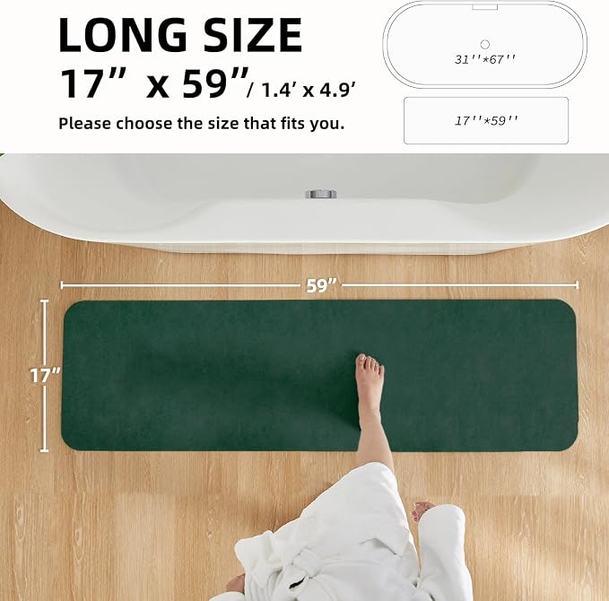 TYUU Bathroom Mat Quick Dry, Bathroom Rugs Non Slip Washable Thin Absorbent Bath Mat Fits Under Door Bathroom Floor Mat Perfect for Bath, Shower, or Sink 17"x59" Dark Green