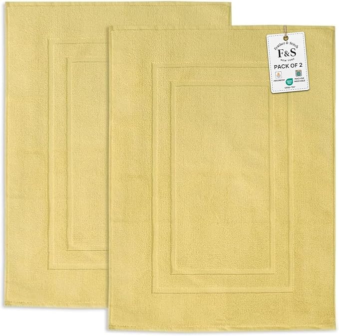 Feather & Stitch 2 Piece Towel Like Bath Mats (30x21 Inch) 100% Cotton Terry Bath Mats, Bathroom Shower Floor Mats [NOT A Bathroom Rug], Soft Absorbent Washable Mats - Yellow