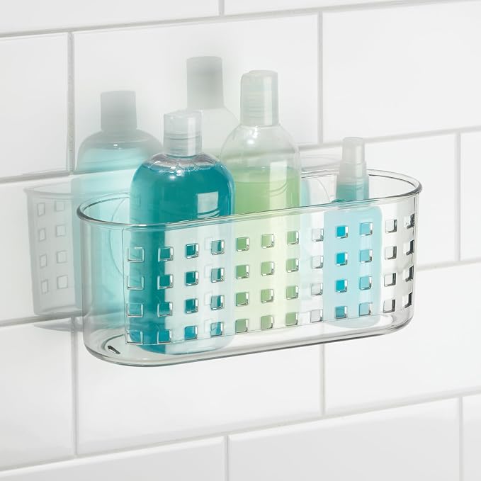 iDesign Hanging Suction Shower Caddy Basket for Bathroom Storage, Set of 2, Clear, Made in USA