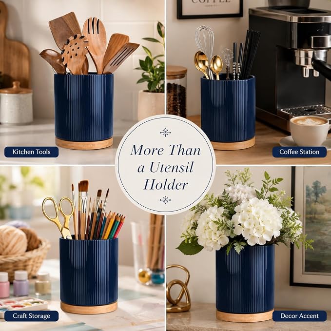 QUELIEN Utensil Holder, 360° Rotating Ceramic Kitchen Utensil Holder for Countertop, 7.7" Utensil Crock for Kitchen Counter with Rotatable Wooden Base,Ideal Housewarming Gift & Mothers Day Gift