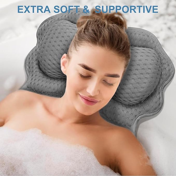 SetSail Bath Pillow, Relaxing Bath Pillows for Tub Neck and Back Support Soft 4D Breathable Air Mesh Ergonomic Bathtub Pillow with 6 Strong Suction Cups and Hook Luxury Bathroom Accessories,Grey