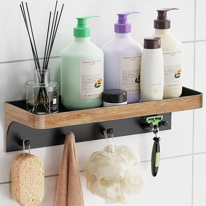 Shower Caddy Adhesive, Shower Shelve for Inside Shower, Bathroom Organizers and Storage for Accessories Holder, Rustproof Bathroom Wall Shower Rack Organize with 5 Hooks, No-drill, Wood