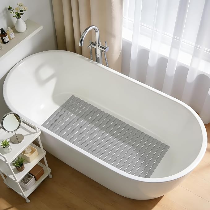 OTHWAY Non Slip Shower Mat, 36.6" x 16.9" Soft Bath Mat for Tub Non Slip, Anti Slip Shower Mat with Suction Cups, Easy to Cut Shower Floor Mat, Machine Washable Bathtub Mat, Light Grey