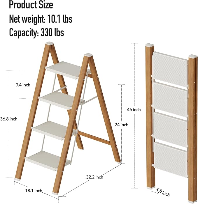 Mayi Plus 4 Step Lightweight Aluminum Folding Ladder, Portable Step Stool with Anti-Slip Pedals, 330 lbs Capacity for Home, Office, Kitchen（White&Woodgrain）