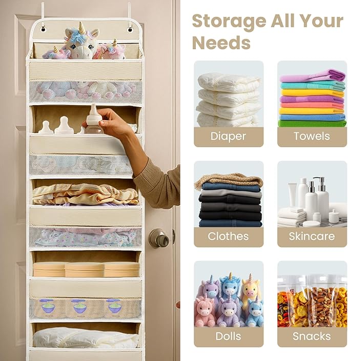 Space Saving Over The Door Organizer,6 Tiers Removable Anti Tilt Hanging Behind Door Storage,Heavy-Duty Reinforced Mesh Rack Holds 44lb for Bathroom,Pantry, Nursery,Closet, Shoes, Towels
