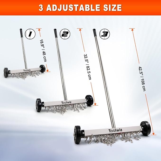 Toolwiz Magnetic Pick Up Sweeper 15-inch Heavy Duty Magnet Pickup Lawn Sweeper Roofing Tools, 10 Lbs Yard Tools Smooth Wheels to Clean Nails Adjustable Handle for Construction