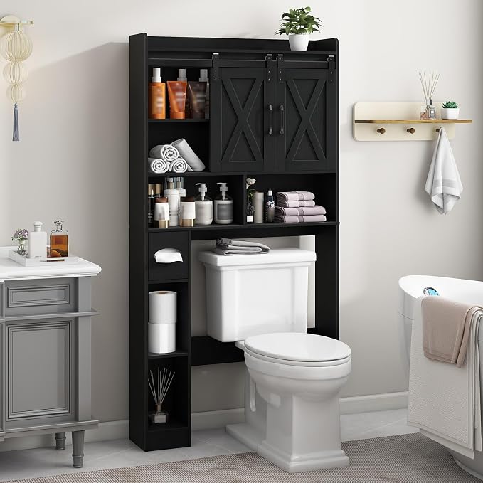 Vabches Over The Toilet Storage Cabinet, Farmhouse Storage Cabinet Over Toilet with Sliding Doors & Toilet Paper Holder Stand，Home Space-Saving Toilet Rack, for Bathroom, Laundry and Restroom.Black