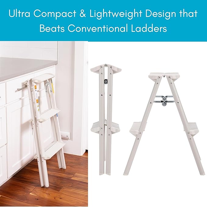 BIRDROCK HOME 3 Step Compact Steel Step Ladder - Sturdy Thin Folding Stool - Anti-Slip Steps - Great for Your Kitchen, Pantry, Closets, or Home Office - Indoor Stool - Silver
