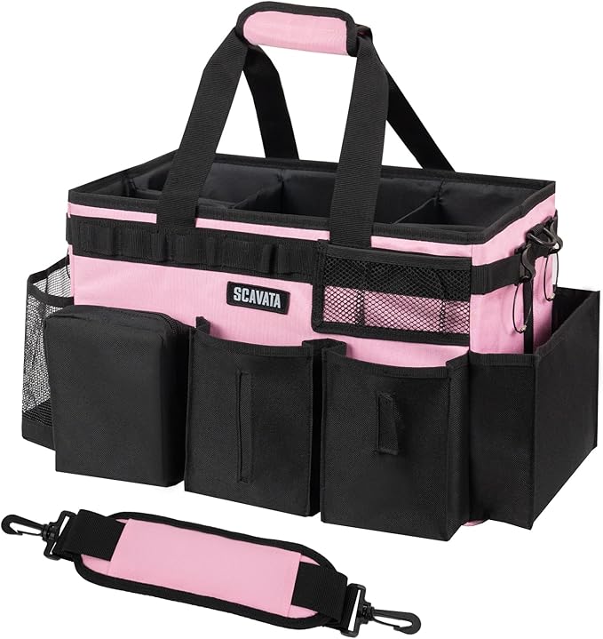 SCAVATA Wearable Cleaning Caddy Bag, Cleaning Caddy Supplies Organizer with Handle & Shoulder Straps for Housekeepers, Under Sink & Car Cleaning Tool Organizers with 4 Foldable Divider (SweetPink)