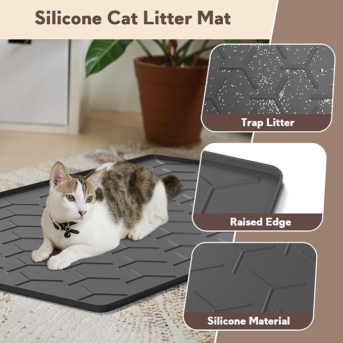 Garoopion Silicone Cat Litter Trapping Mat, Large Waterproof 34.05×22.5 inch Cat Litter Box Mat, Easy to Clean, Black