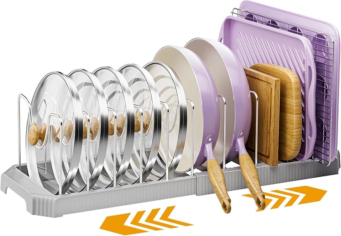MUDEELA Pot Lid Organizer Rack for Cabinet, Expandable Pots and Pans Organizer under Cabinet with 12 Adjustable Dividers, Pan Organizers Holder inside Cabinet for Cutting Boards, Baking Sheets, Grey