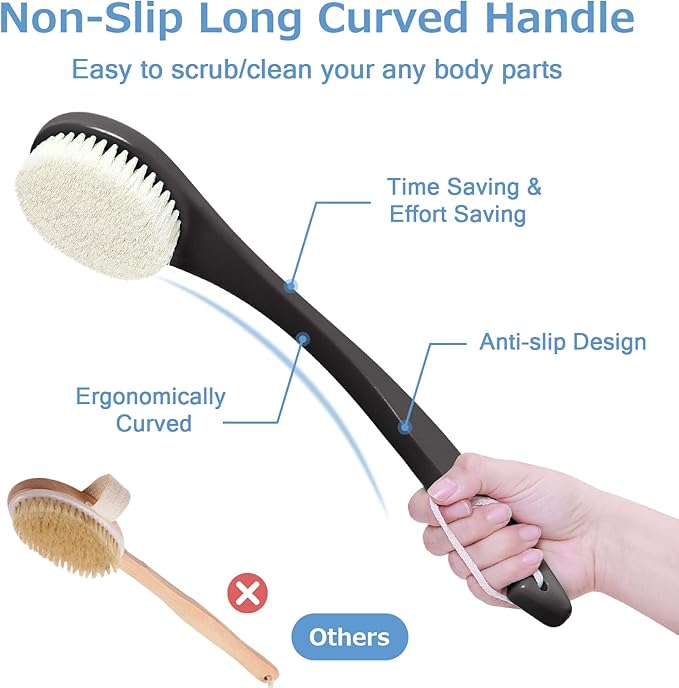 Exfoliating Shower Brush Bath Body Brush, Never Mold 15" Back Brush Long Handle for Shower, Dry Brushing Body Brush or Wet Brush with Moderate Bristle, Black