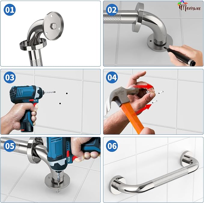 2 Pack Chrome Grab Bar 12 Inch, iMomwee Stainless Steel Non-Slip Shower Grab Bar W/Knurled Grip, Safety Bathroom Handrail, Balance Support Bar Toilet Bathtub Assist Handle for Elderly Senior Disabled