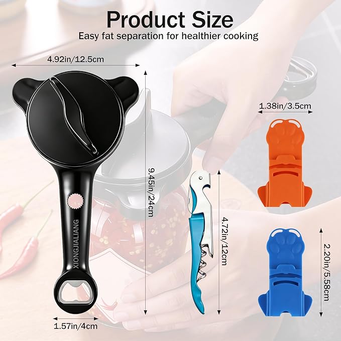 Adjustable Jar Opener for Weak Hands, 4-in-1 Multi-Function Manual Bottle Opener and Corkscrew Set for Seniors with Arthritis, Universal Lid Gripper Kitchen Gadget for All Jar Sizes (Black)