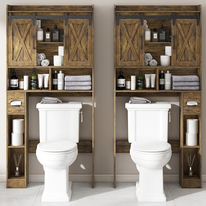 Vabches Over The Toilet Storage Cabinet, Farmhouse Storage Cabinet Over Toilet with Sliding Doors & Toilet Paper Holder Stand，Home Space-Saving Toilet Rack, for Bathroom, Restroom, Laundry