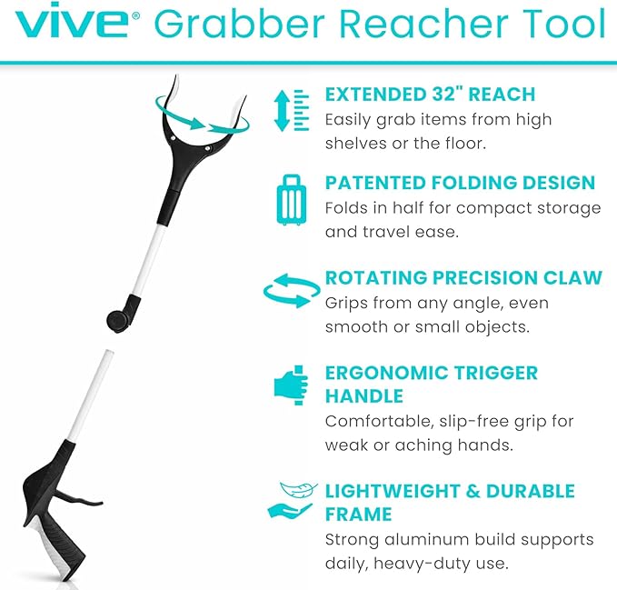 Vive 32" Grabber Reacher Tool - Foldable Pickup Stick with Rotating Jaw & Sensitive Trigger - Heavy Duty Mobility Grip Hand Aid - Extra Reach Extender Claw for Seniors, Elderly, Handicap