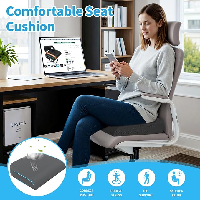 TranquilRelax XLarge Seat Cushion, Soft Foam Cushion for Long Sitting Hours on Office Chair, Home & Car, Non-Slip Chair Pad for Relieving Back & Sciatica & Hip & Coccyx Pain (Grey)