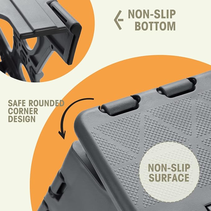 Korpai Upgrade 9" Folding Step Stool for Adults and Kids Holds Up to 300 lbs,Non-Slip Folding Stools with Portable Handle, Compact Plastic Foldable Step Stool for Bathroom, Kitchen,Grey,1 PC