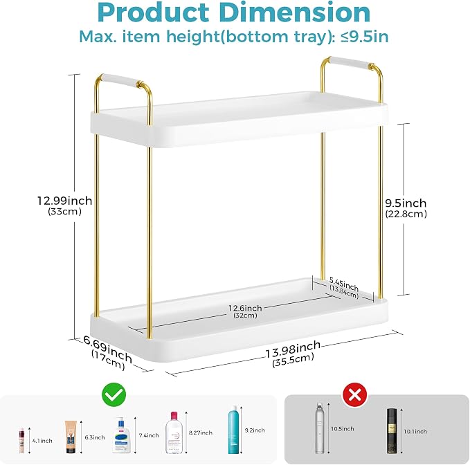Vtopmart 2-Tier Bathroom Countertop Organizer, Vanity Dresser Counter Tray Shelf for Skincare, Perfume, Makeup, Gold